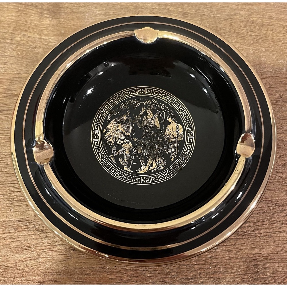 VTG Greek Ashtray Black 24K Gold Lettering Hand Made in Greece Classical 4.5"